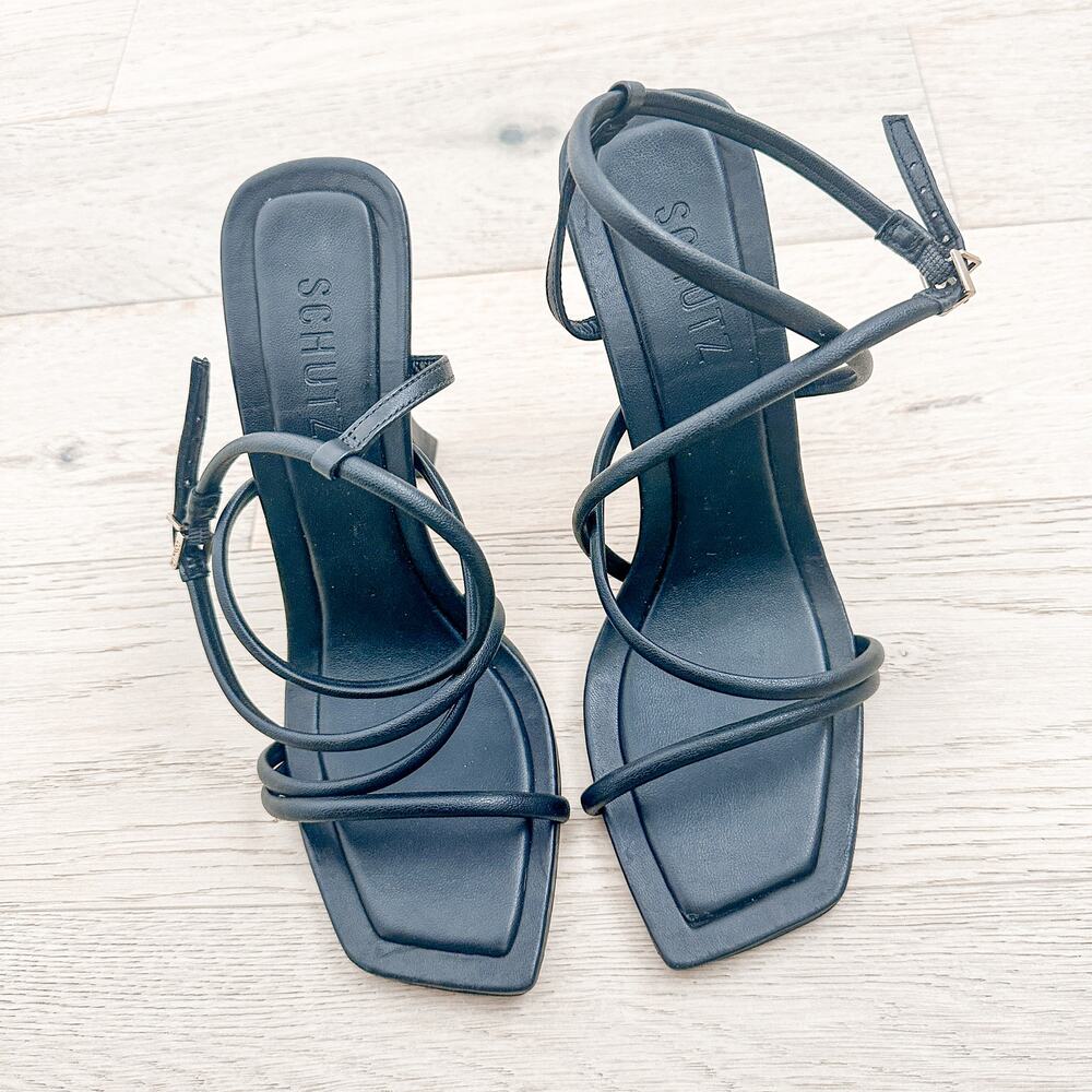 Schutz Lovi Strappy Leather Heel Sandals Black 9.5B Minimal 90s Party Glam Luxe‎ - Picture 5 of 11